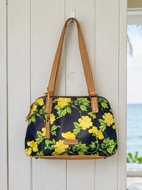 American Leather Co. Leather Navy Floral Double Compartment Shoulder Bag